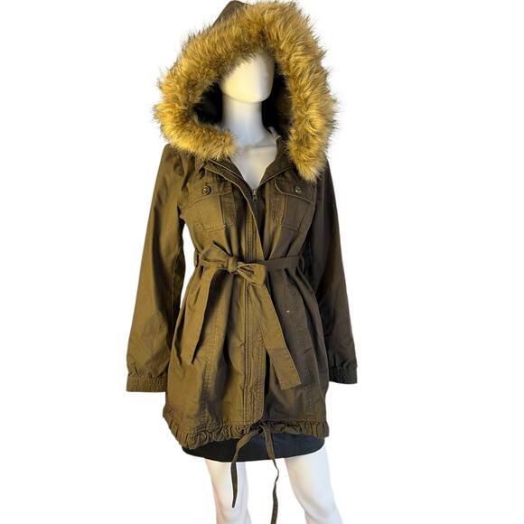A Pea In The Pod Army Green Brown Utility Hooded Faux Fur Maternity Jacket L - Picture 1 of 6